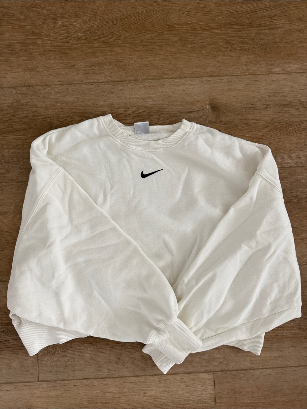 Nike White Cropped Crewneck Sweatshirt with Black Swoosh
